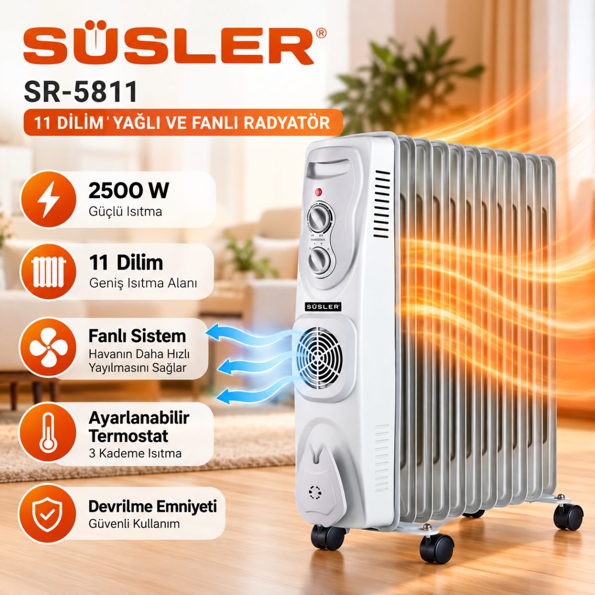 شوفاج زيتي كهربائي مع مروحة توربو (Süsler SR-5811) – (2500 واط) – (11 شريحة)