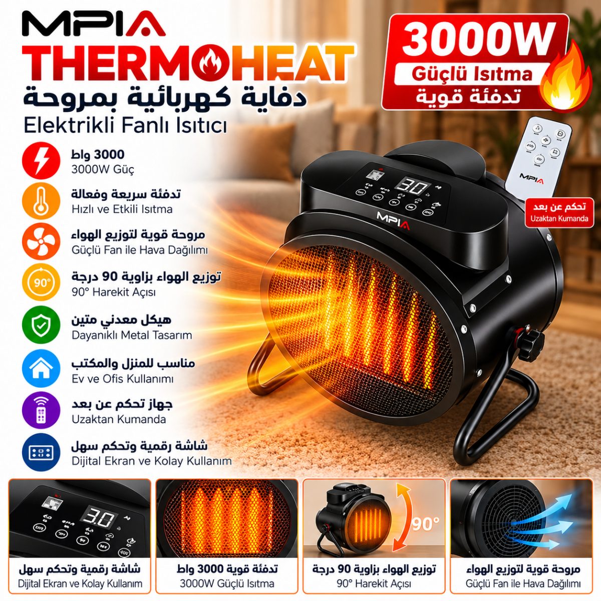 دفاية كهربائية بمروحة (MPIA THERMOHEAT) – قوة (3000 واط) – شاشة رقمية وتحكم عن بُعد