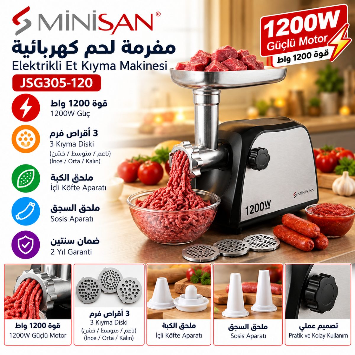 مفرمة لحم كهربائية (Minisan Kıymacı JSG305-120) – قوة (1200 واط) – مع ملحقات الكبة والسجق