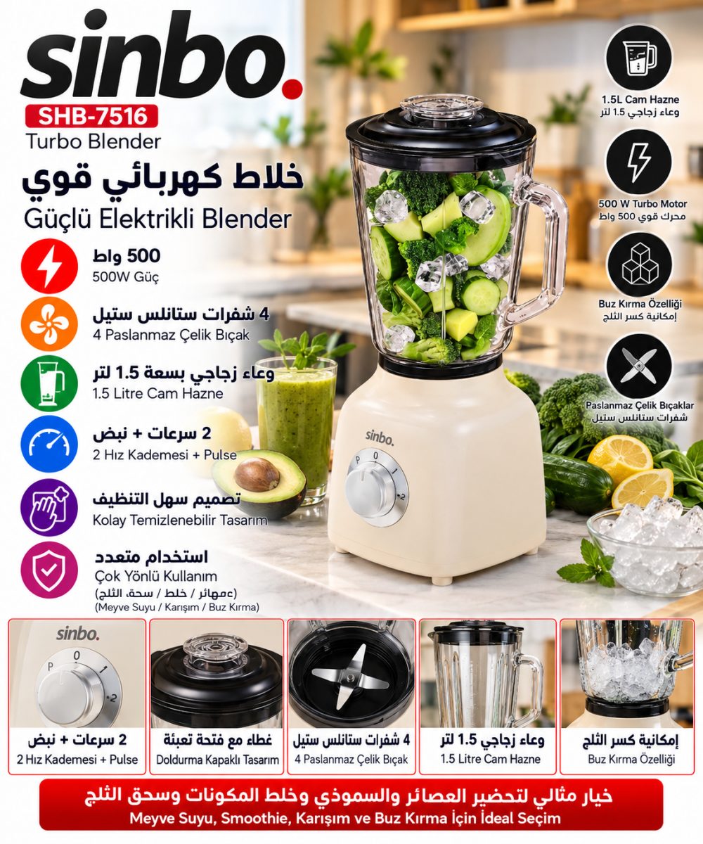 خلاط كهربائي زجاجي (Sinbo SHB-7516) – قوة (600 واط) – سعة (1.5 لتر) – مع خاصية تكسير الثلج