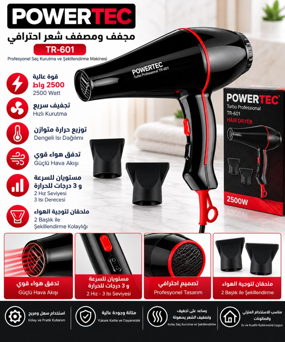 مجفف ومصفف شعر احترافي (Powertec TR-601) – أداء (2500 واط) – أسود