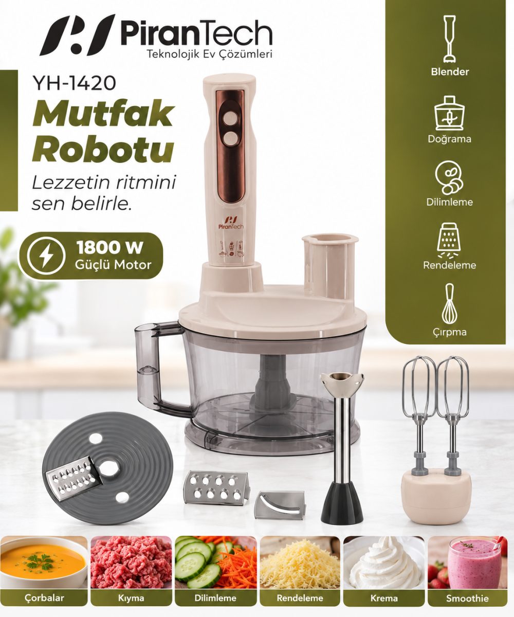 محضرة طعام PiranTech YH-1420 – خلاط يدوي + مفرمة + خفاقة + مبشرة – 1800 واط