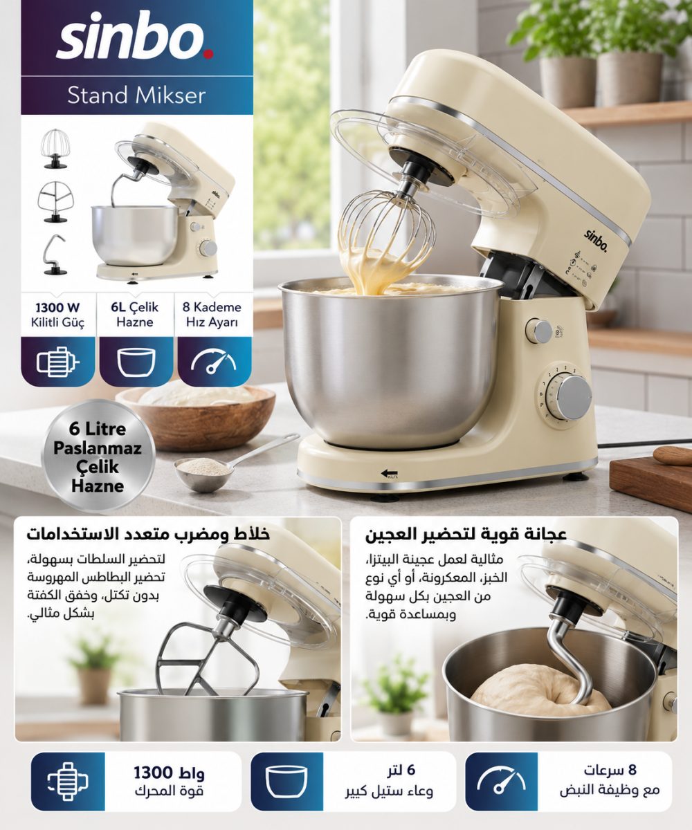 عجانة وخلاط كهربائي ستاند (Sinbo SMX-2769) – (1300 واط) – سعة (6 لتر)