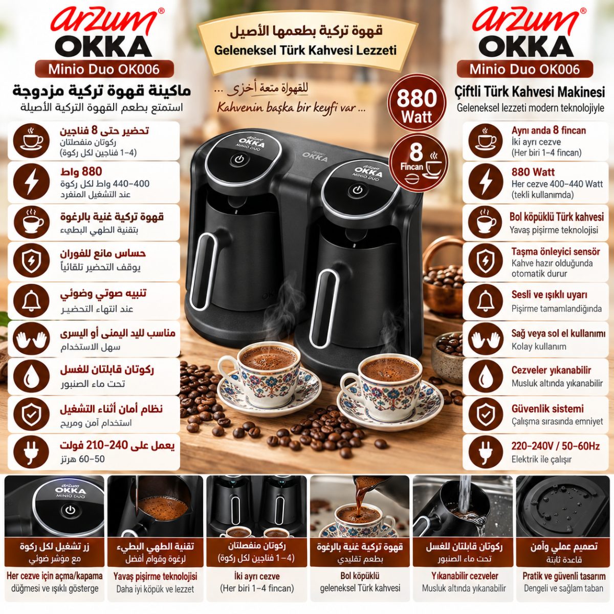 ماكينة قهوة تركية مزدوجة (Arzum OKKA Minio Duo OK006) – (880 واط) – (8 فناجين)