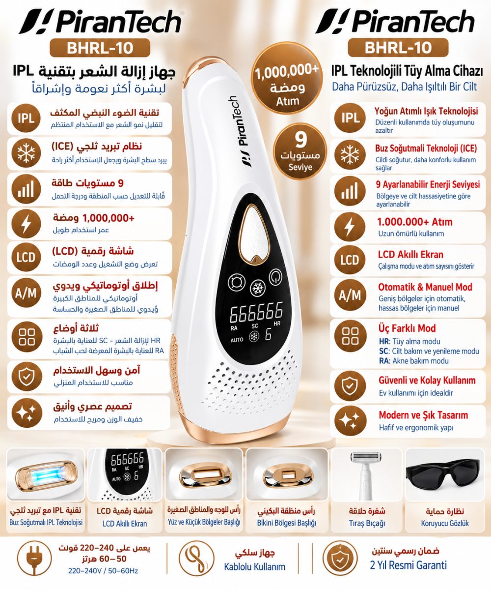 جهاز إزالة الشعر بتقنية (IPL) مع تبريد ثلجي وشاشة (LCD) (PiranTech BHRL-10) – (1,000,000+ ومضة) – (9 مستويات)