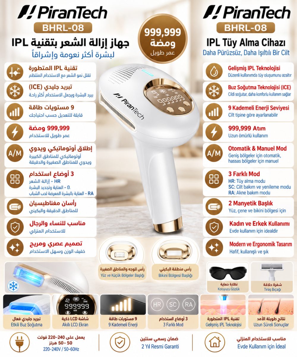 جهاز إزالة الشعر بتقنية (IPL) مع تبريد جليدي (PiranTech BHRL-08) – (999,999 ومضة)