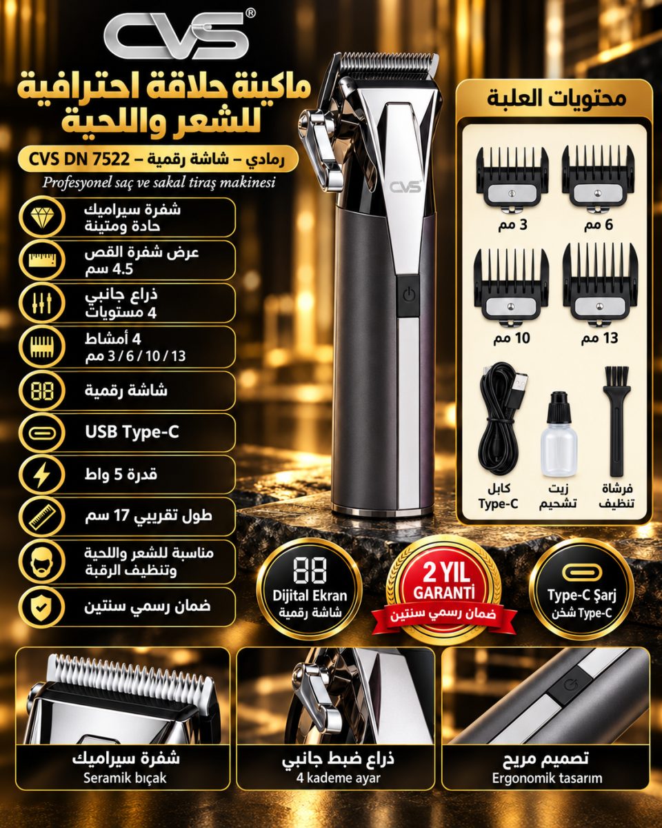 ماكينة حلاقة احترافية للشعر واللحية بشفرة سيراميك (CVS DN 7522) – شاشة رقمية – رمادي