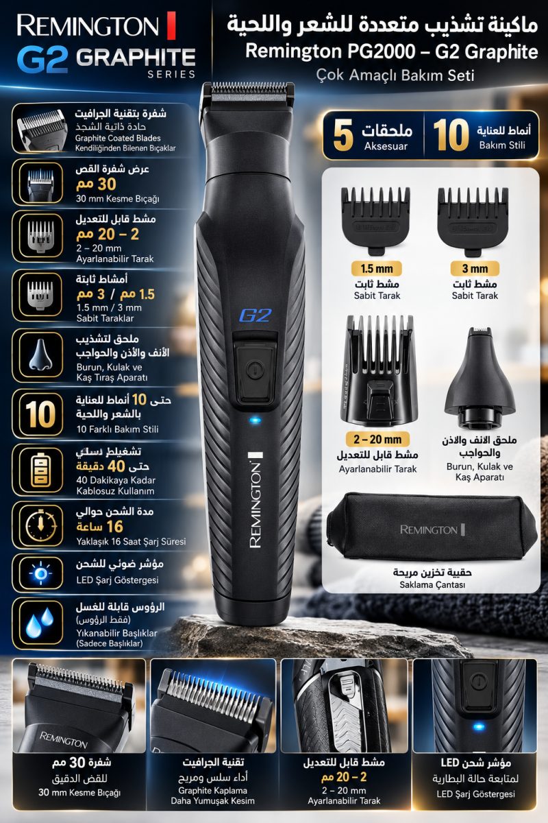 ماكينة حلاقة متعددة Remington PG2000 G2 – طقم عناية رجالي