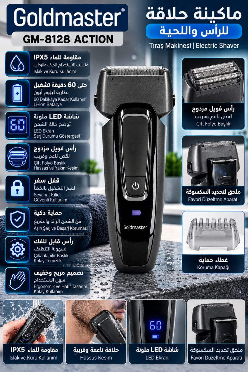 ماكينة حلاقة Goldmaster GM-8128 Action – مقاومة للماء – 60 دقيقة تشغيل