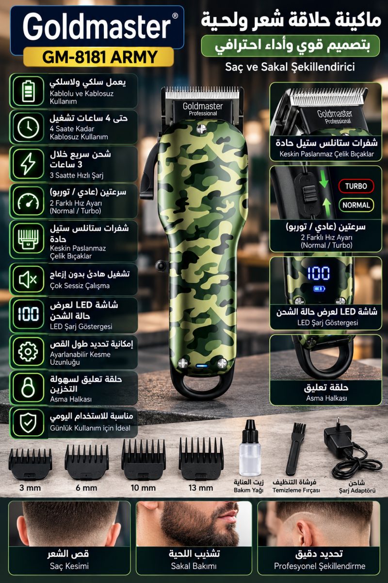 ماكينة حلاقة Goldmaster Army GM-8181 – شحن – سلكي ولاسلكي