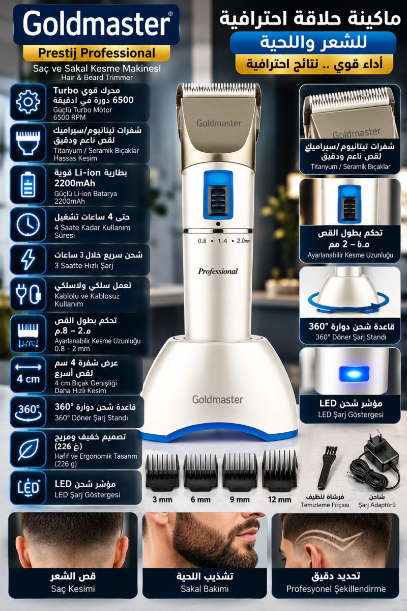ماكينة حلاقة Prestij احترافية – بطارية قوية – شفرات تيتانيوم/سيراميك