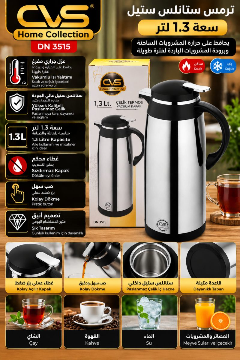 ترمس ستانلس ستيل CVS Home DN 3515 – سعة 1.3 لتر – فضي وأسود